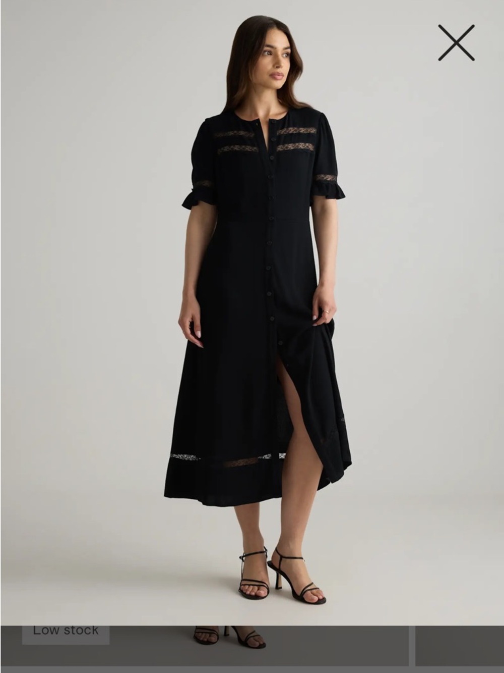 Quince Black Button-Front Midi Dress with Lace Insets